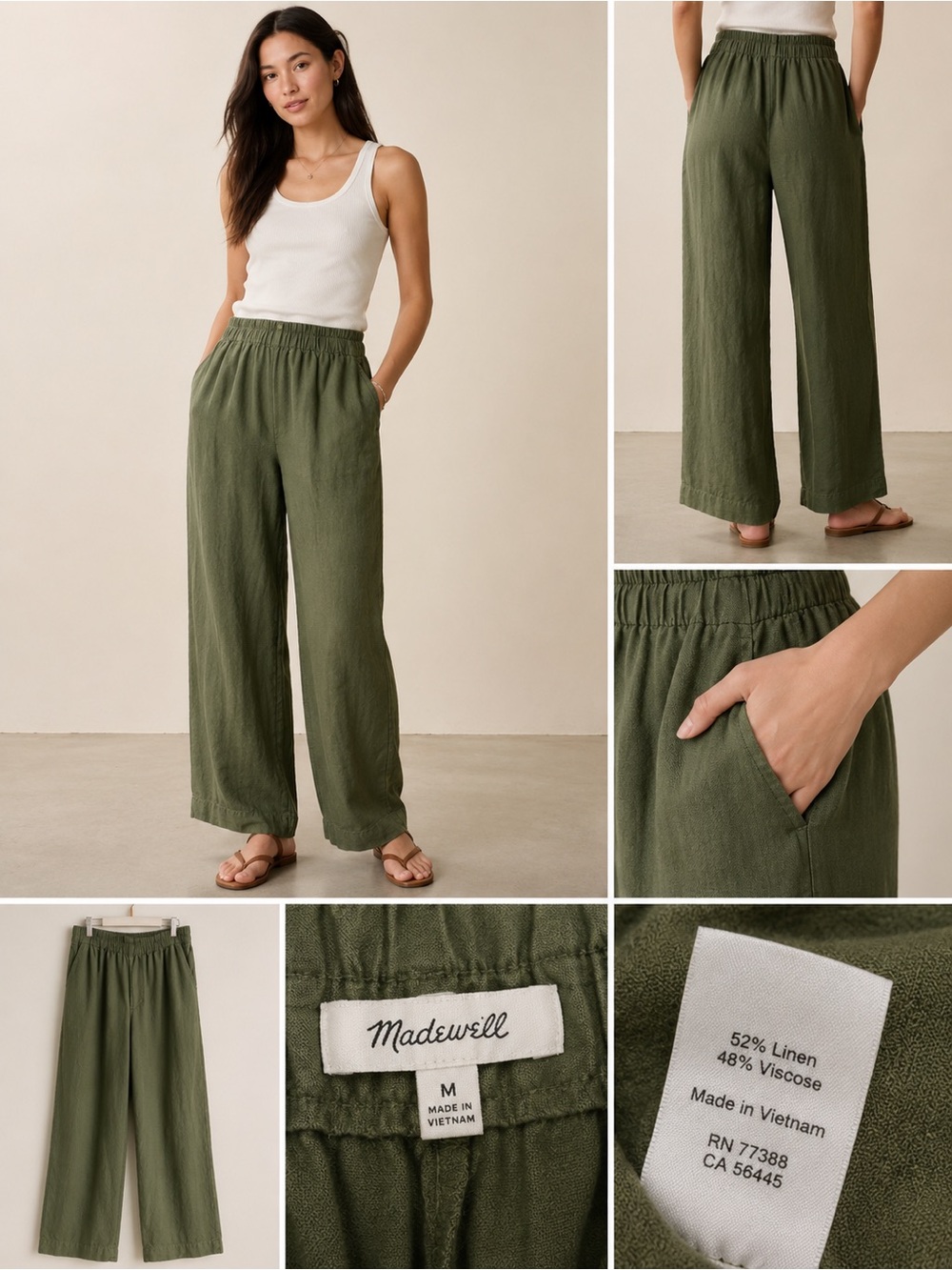 Madewell Olive Linen Blend Pull On Pants Size M Wide Leg Pockets Coastal Chic